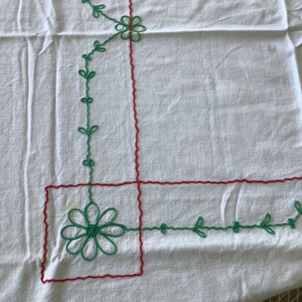 Vintage White Red Teal Embroidered Flower Rectangle Tablecloth Table Linen